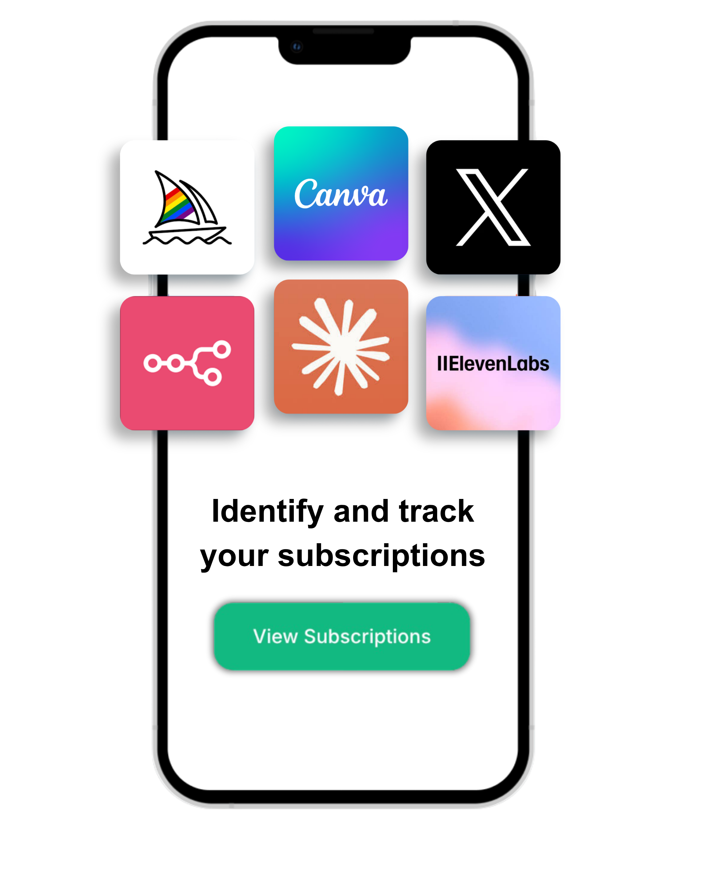 Identify and track your subscriptions - showing various subscription services like Canva, X, ElevenLabs and more on a mobile interface